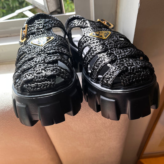 Prada Monolith Crochet Cage Sandals (Black)