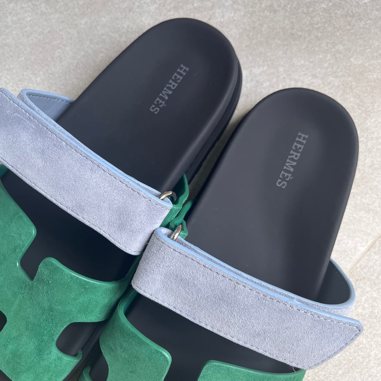 Hermes Chypre Sandals (Green/Denim Strap)