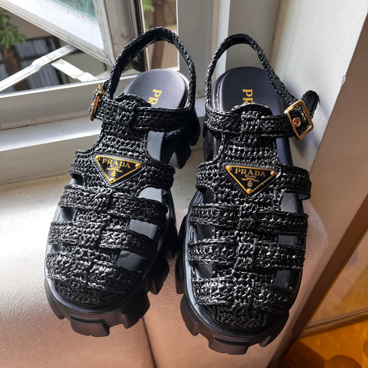 Prada Monolith Crochet Cage Sandals (Black)