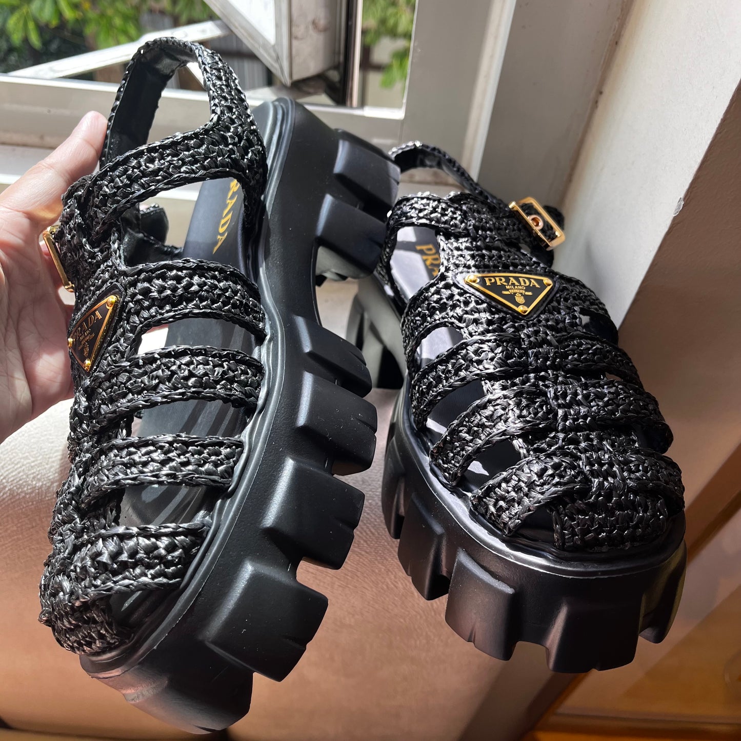 Prada Monolith Crochet Cage Sandals (Black)
