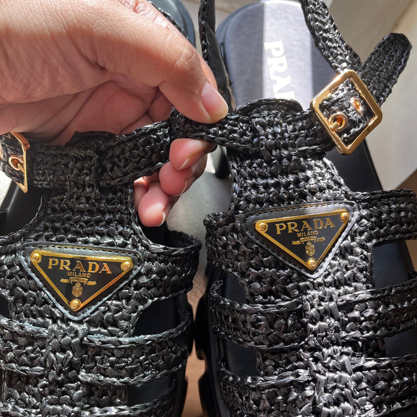 Prada Monolith Crochet Cage Sandals (Black)