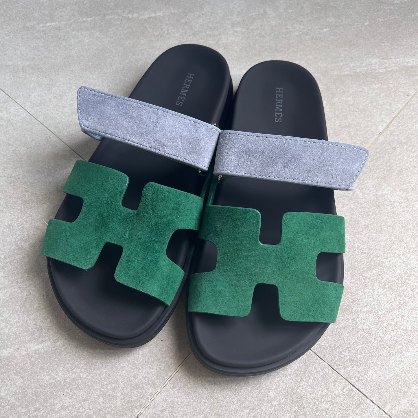 Hermes Chypre Sandals (Green/Denim Strap)