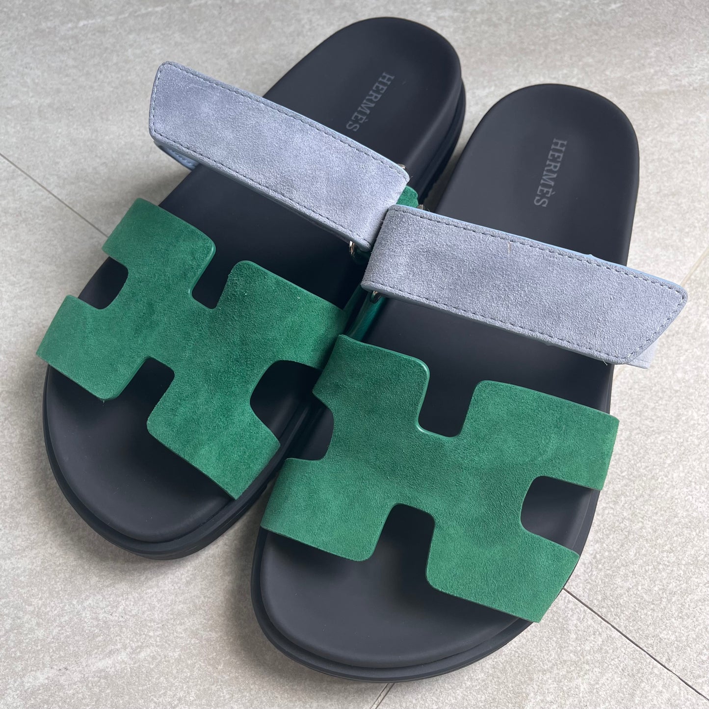 Hermes Chypre Sandals (Green/Denim Strap)