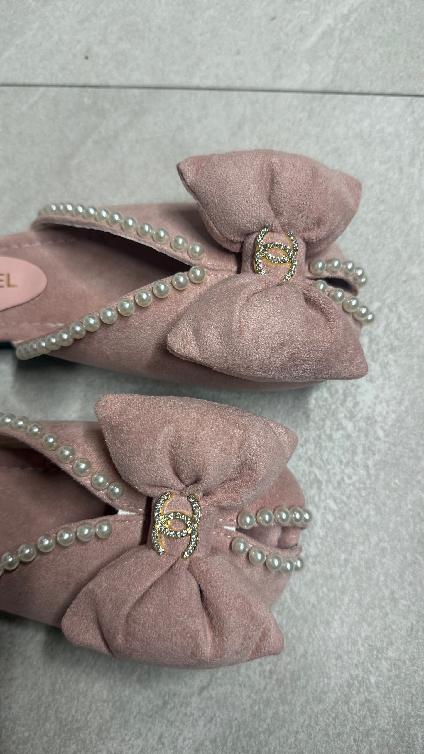 Chanel Pearl Ribbon Suede Flats