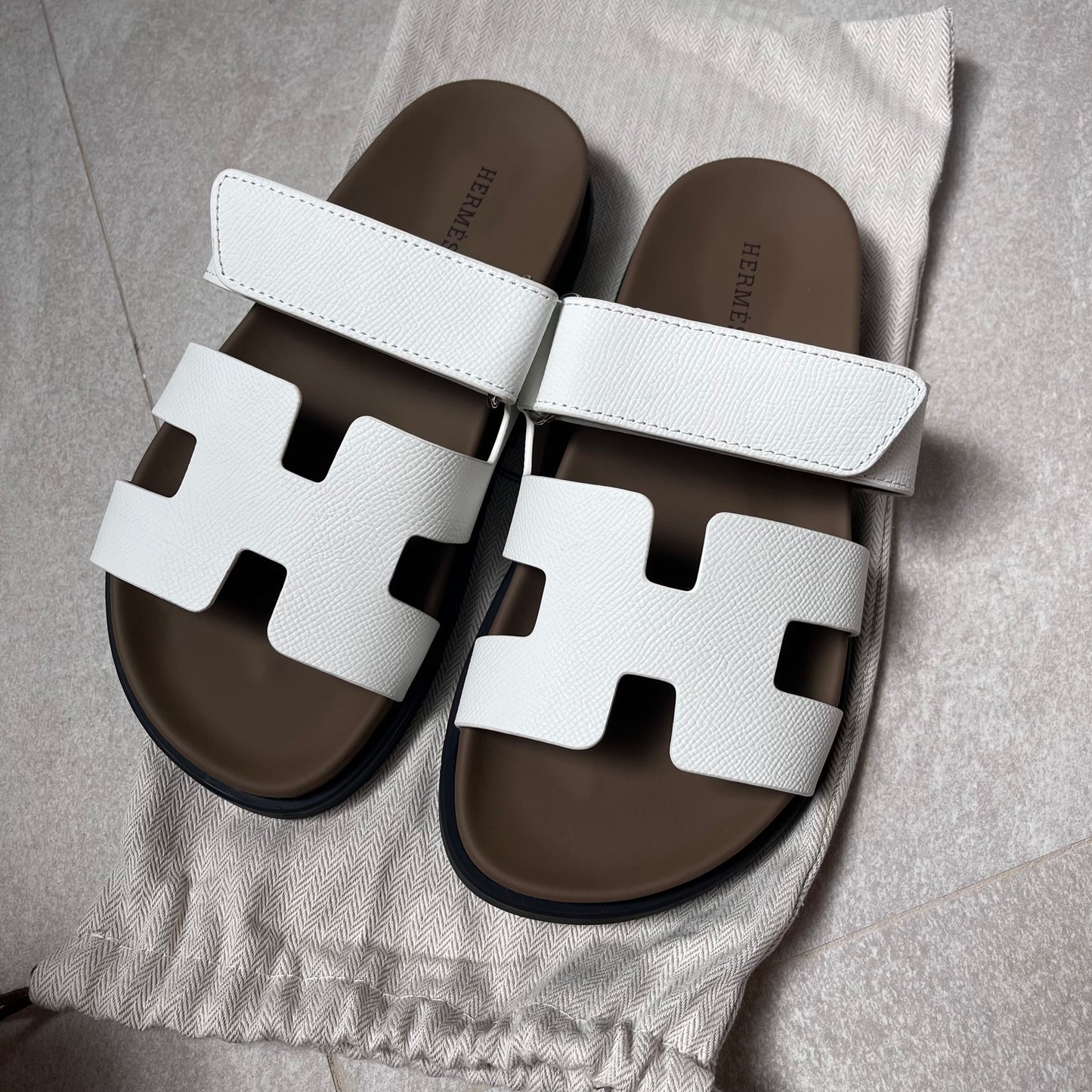 Hermes Chypre Sandals Tan/White