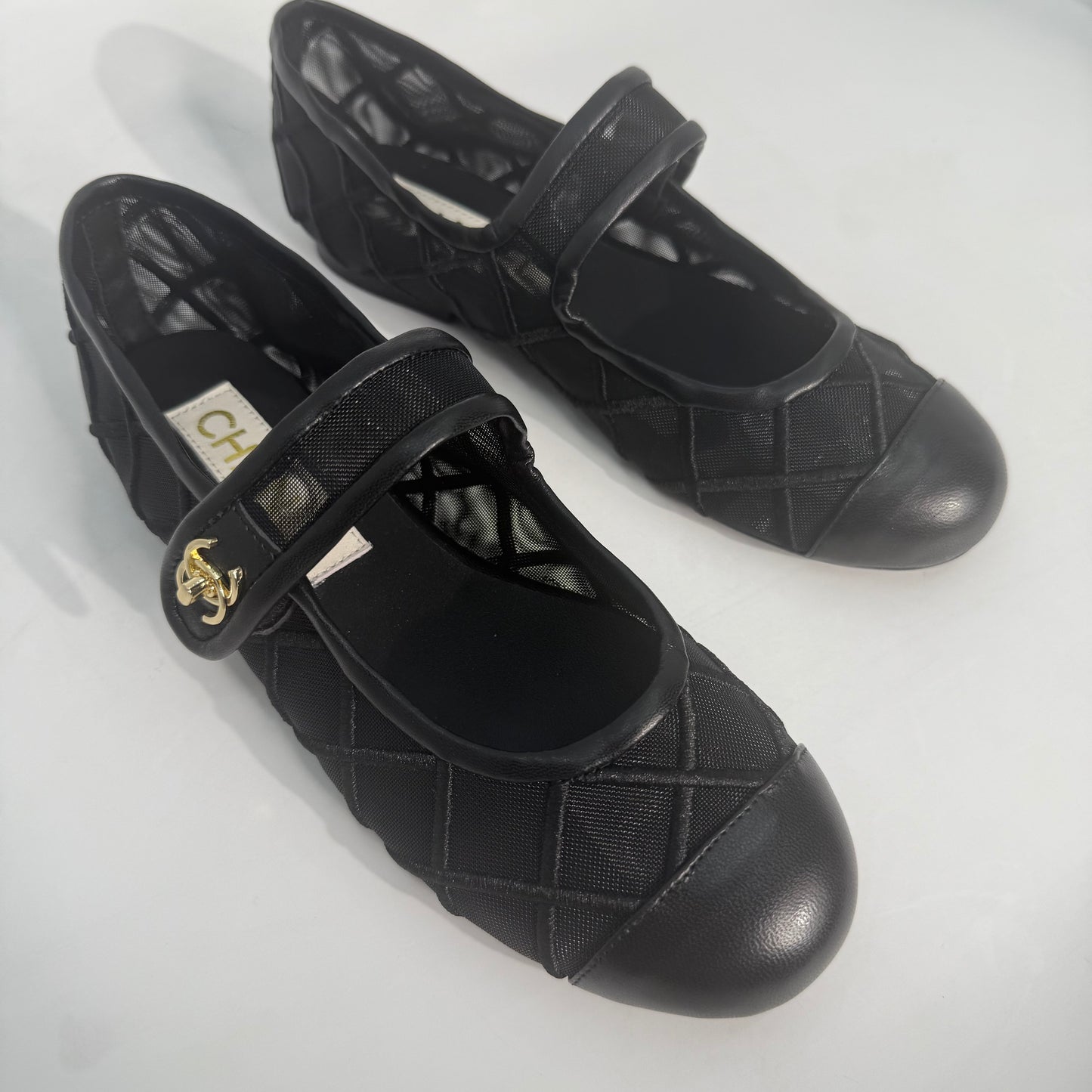 Chanel Lambskin Fabric Mesh Quilted Mary Jane Cap Toe Flats