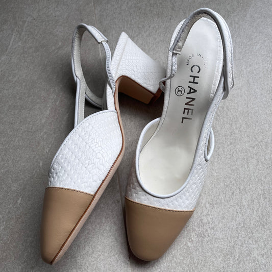 Chanel Pumps Slingback (White/Nude Captoe)