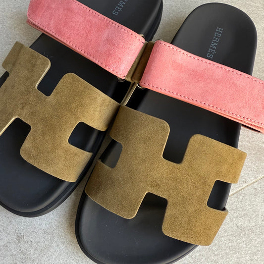 Hermes Chypre Sandals (Moss Green/Pink)