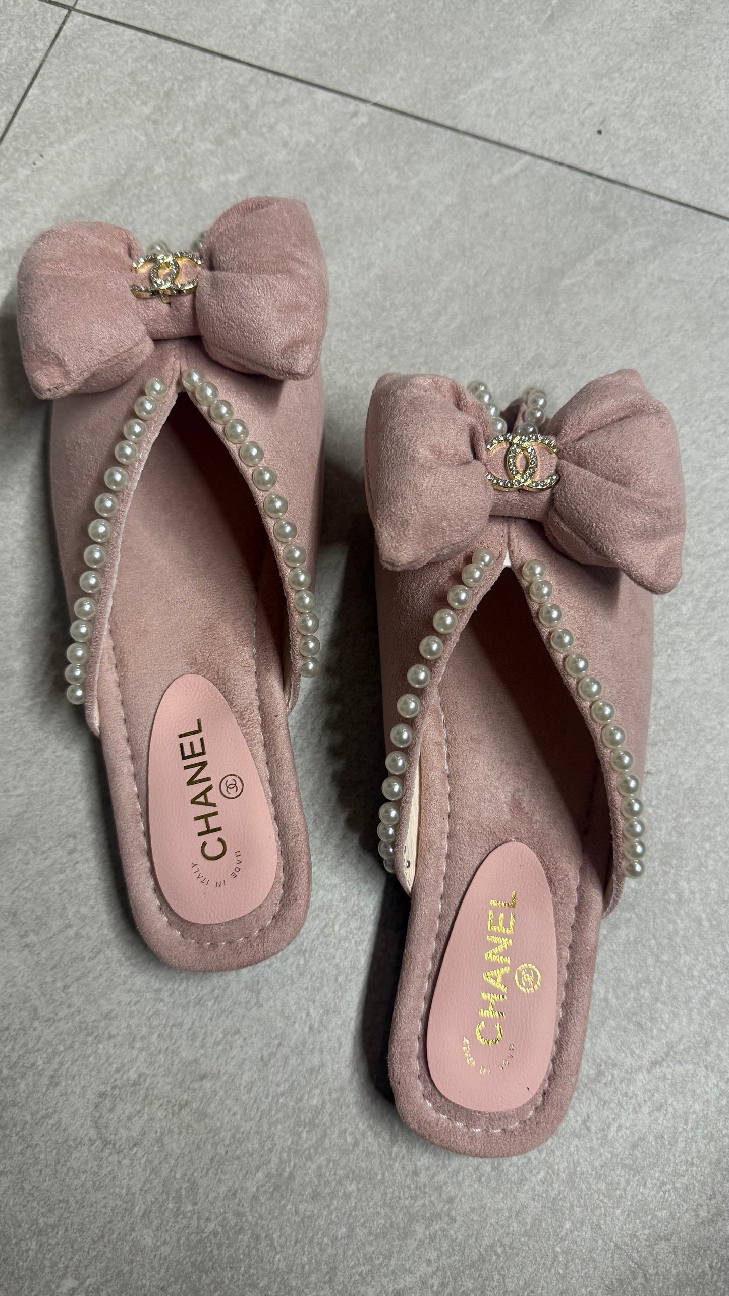 Chanel Pearl Ribbon Suede Flats