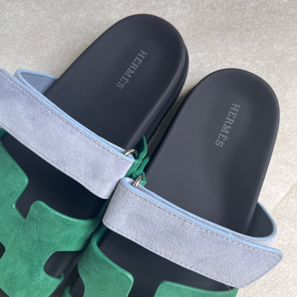 Hermes Chypre Sandals (Green/Denim Strap)