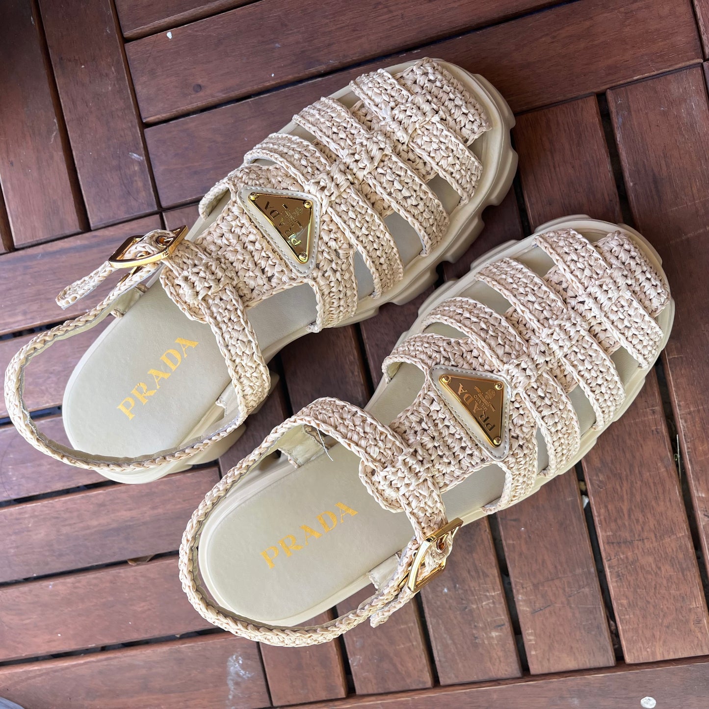Prada Monolith Crochet Cage Sandals (Nude)