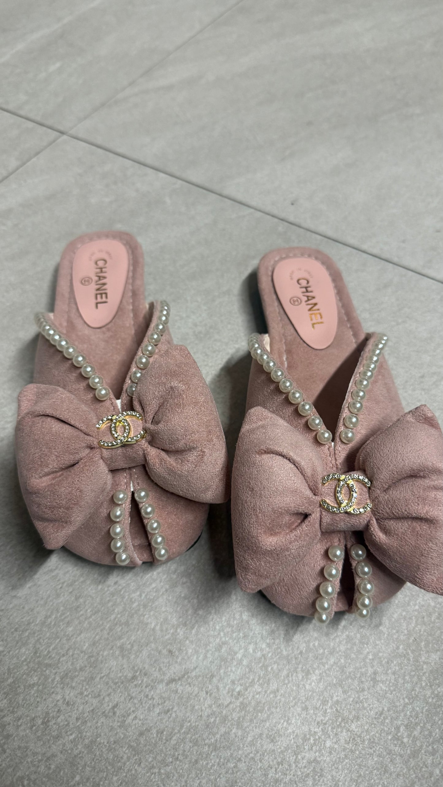 Chanel Pearl Ribbon Suede Flats