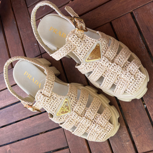 Prada Monolith Crochet Cage Sandals (Nude)
