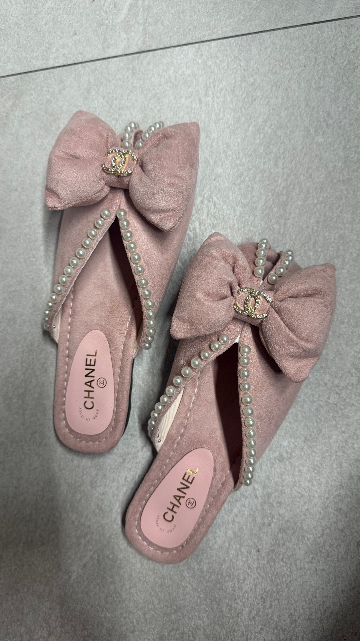 Chanel Pearl Ribbon Suede Flats