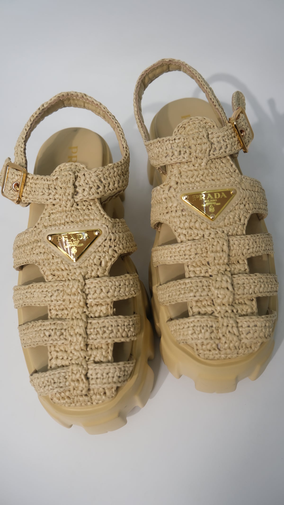Prada Monolith Crochet Cage Sandals (Nude)