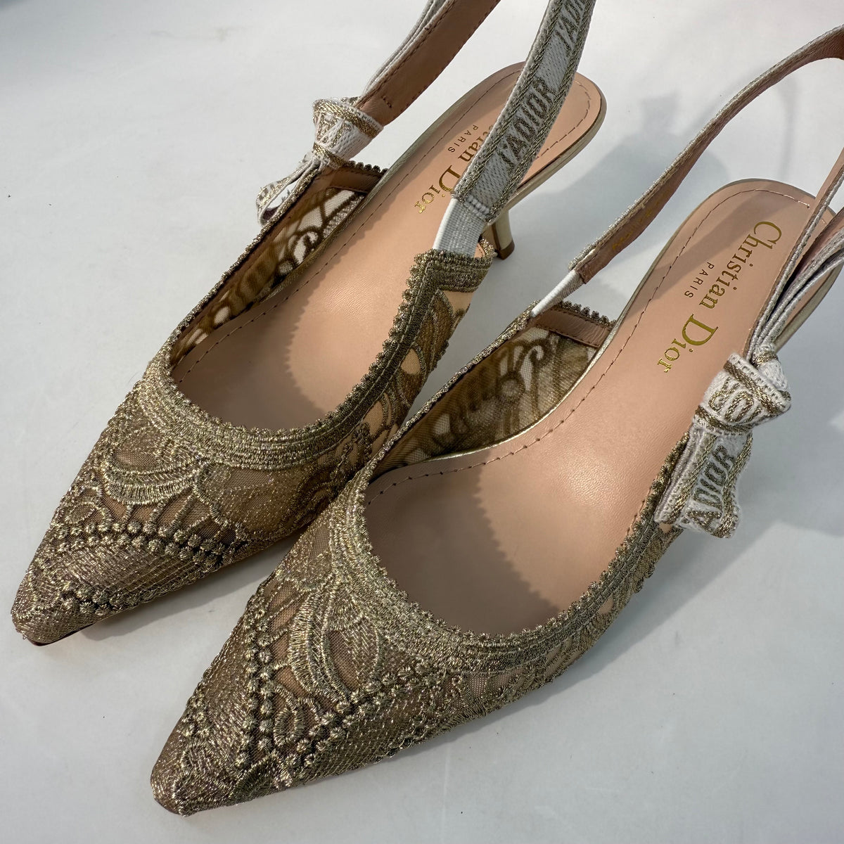 Christian Dior Lace Gold Kitten Heels
