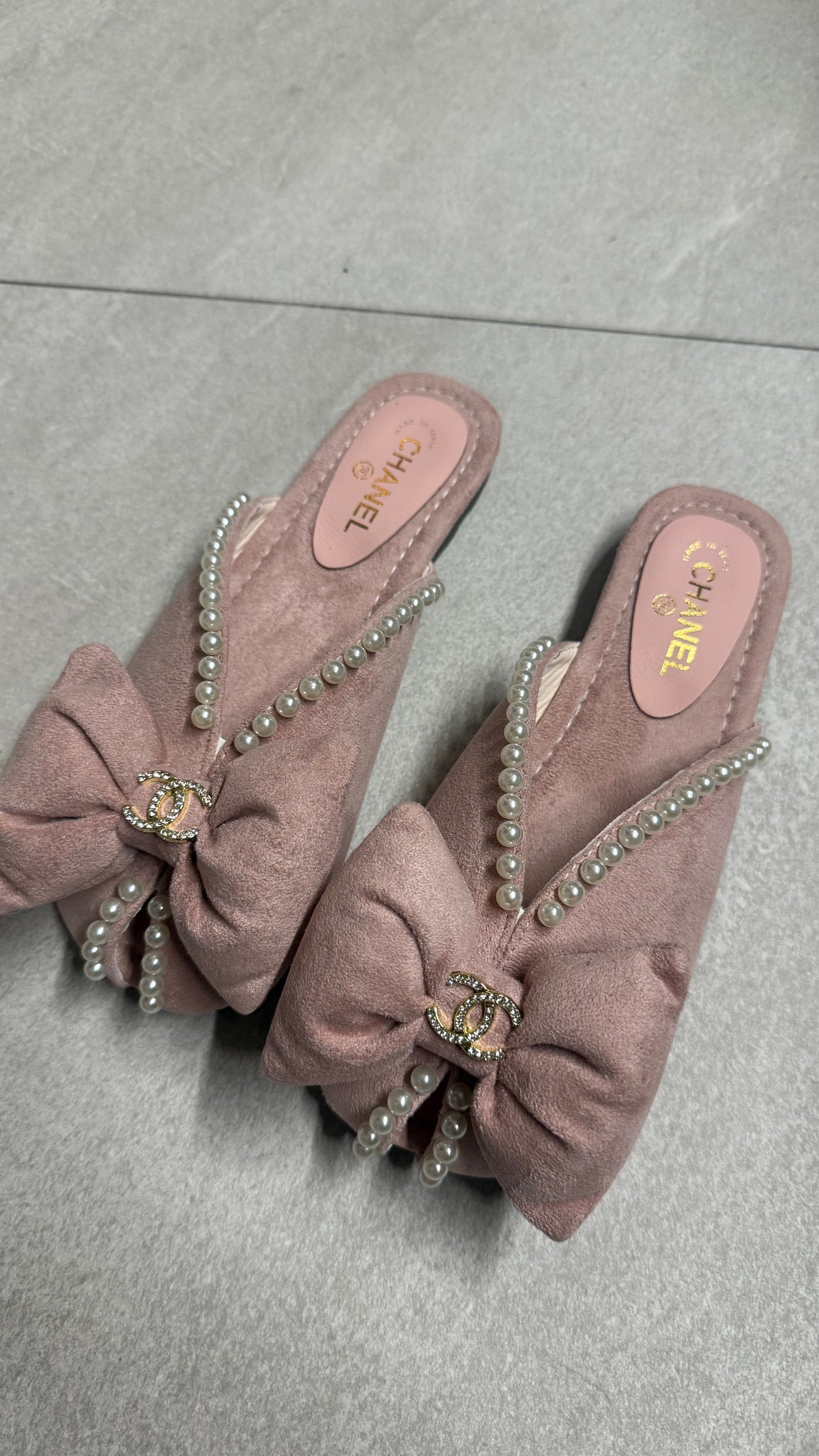 Chanel Pearl Ribbon Suede Flats
