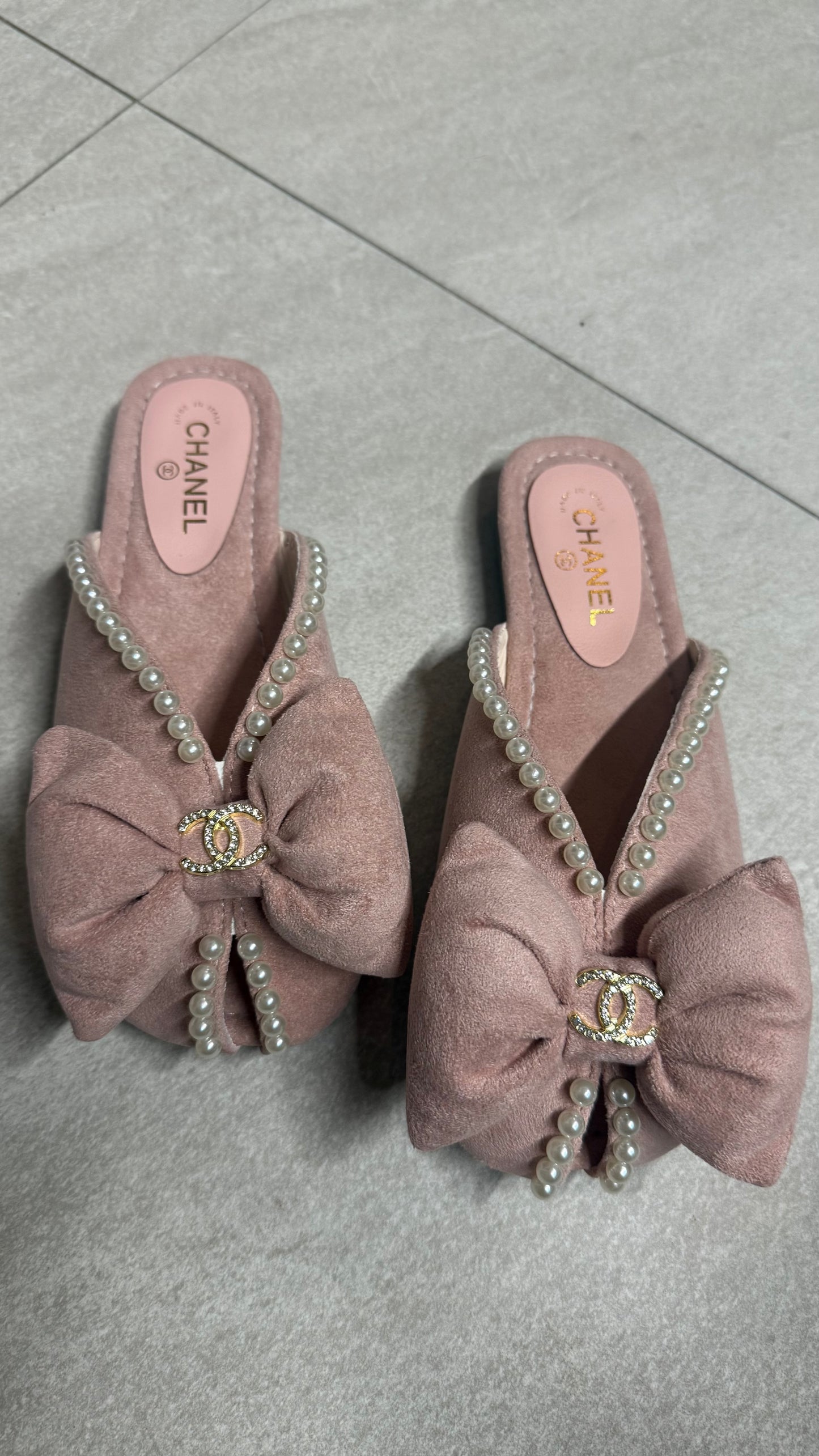 Chanel Pearl Ribbon Suede Flats