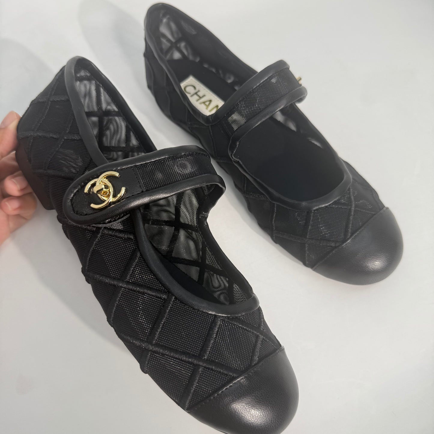 Chanel Lambskin Fabric Mesh Quilted Mary Jane Cap Toe Flats