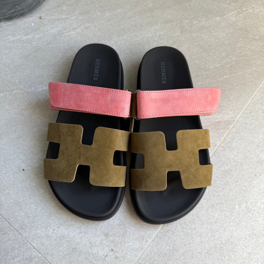 Hermes Chypre Sandals (Moss Green/Pink)