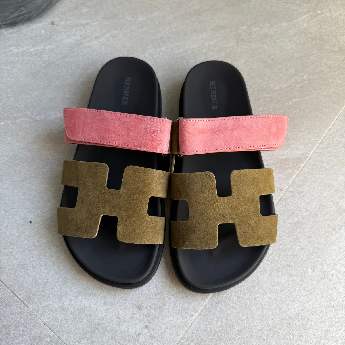 Hermes Chypre Sandals (Moss Green/Pink)