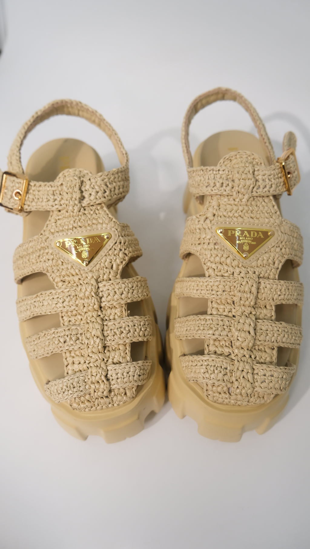 Prada Monolith Crochet Cage Sandals (Nude)