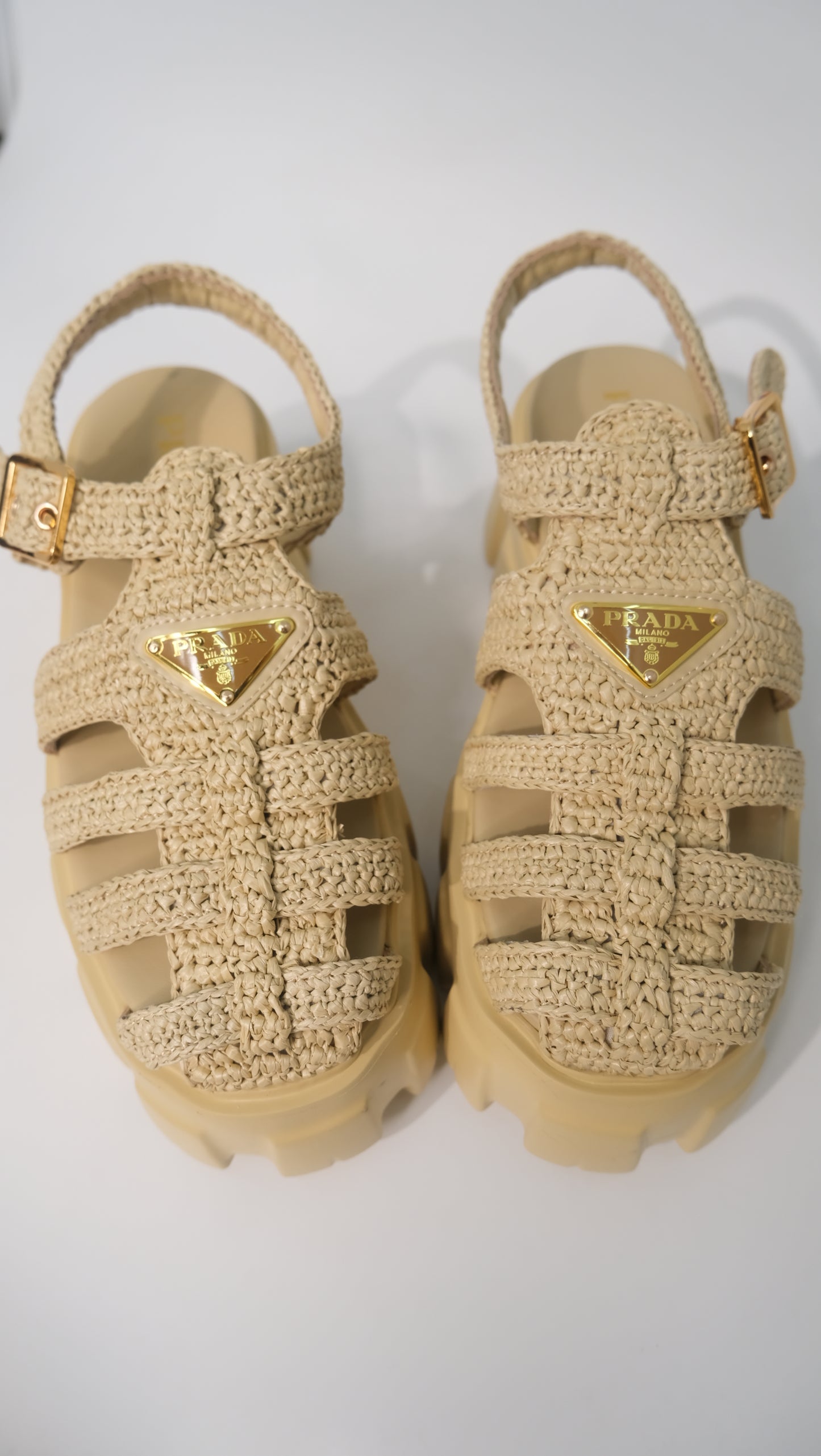 Prada Monolith Crochet Cage Sandals (Nude)