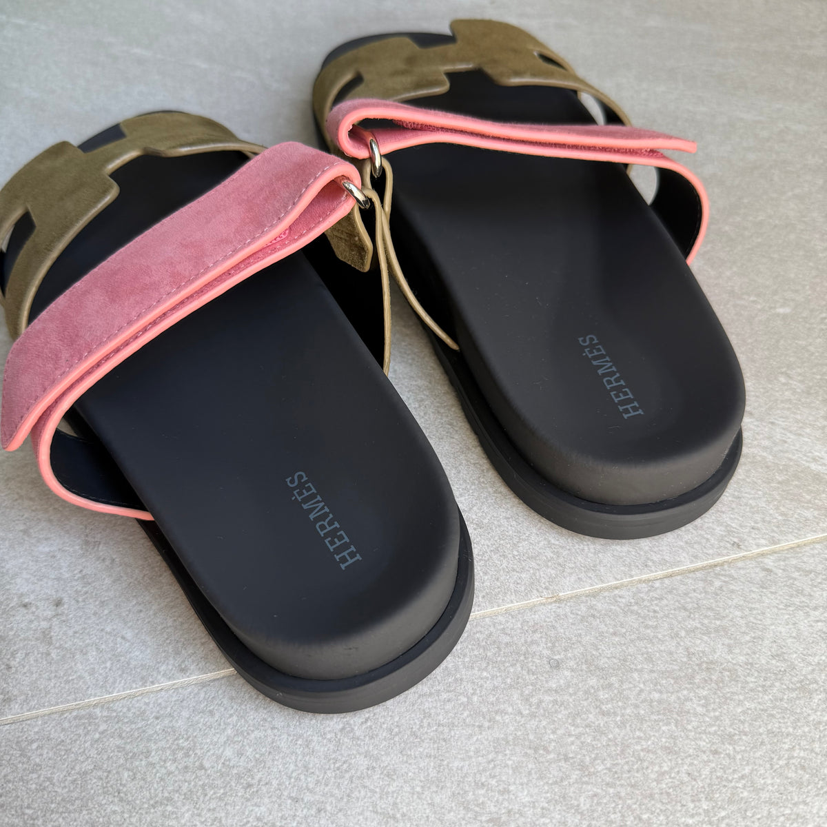 Hermes Chypre Sandals (Moss Green/Pink)