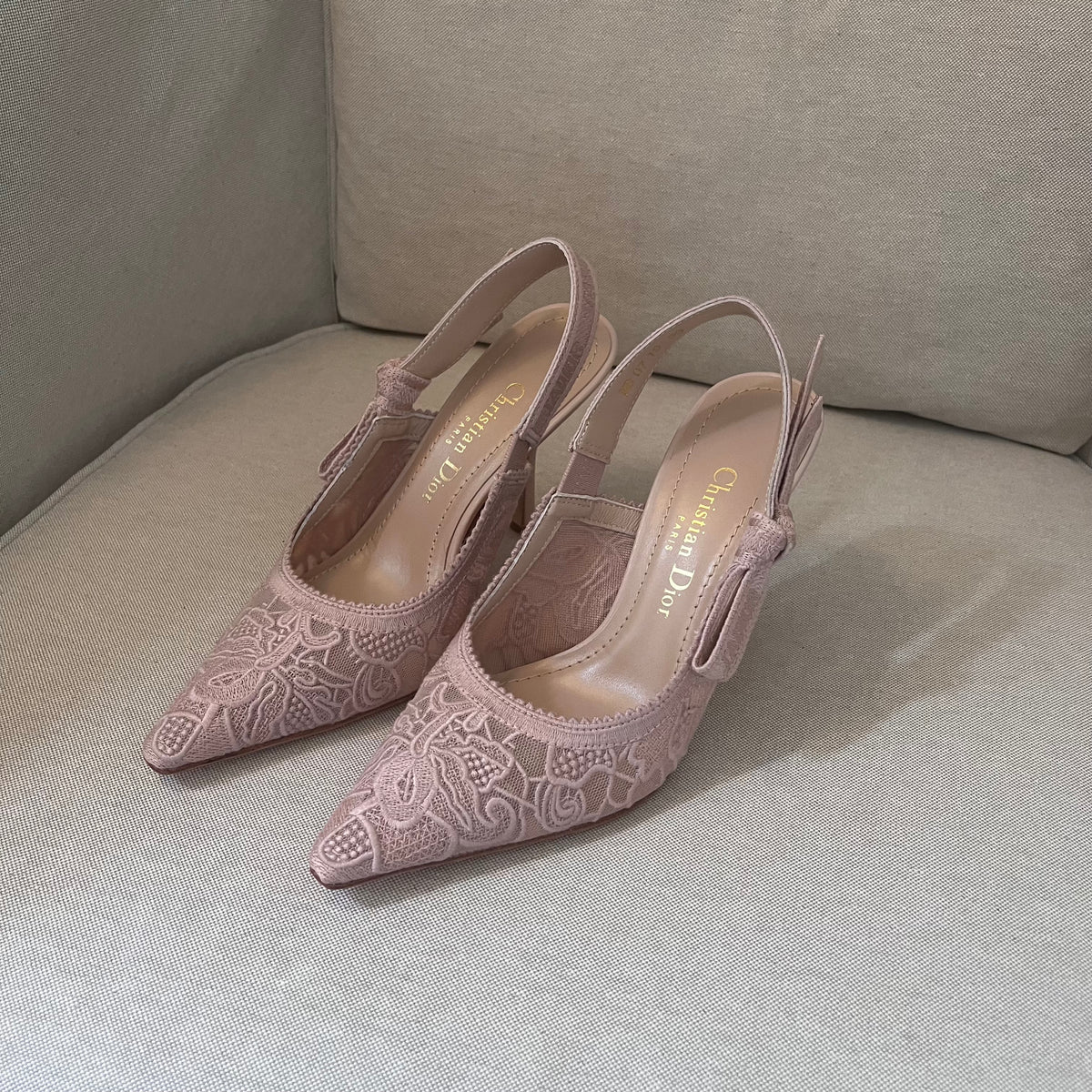 Christian Dior Slingback Lace Kitten Heels (Nude Pink)