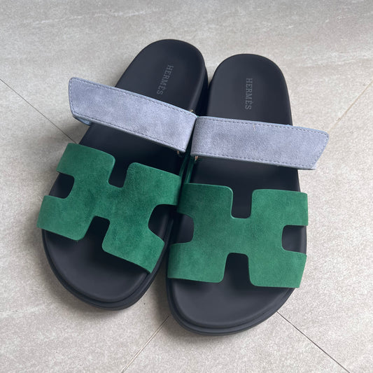 Hermes Chypre Sandals (Green/Denim Strap)