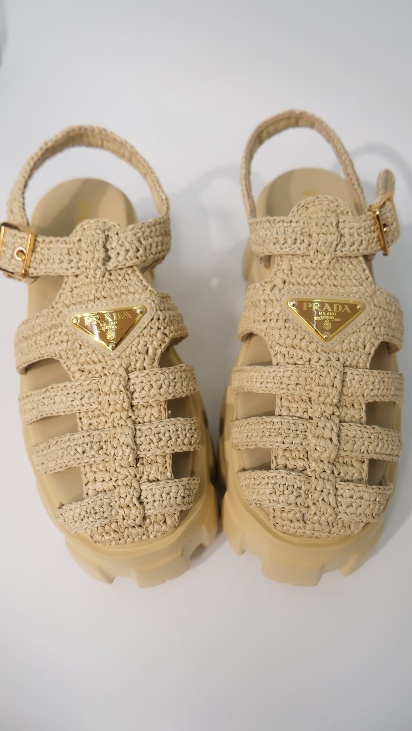 Prada Monolith Crochet Cage Sandals (Nude)