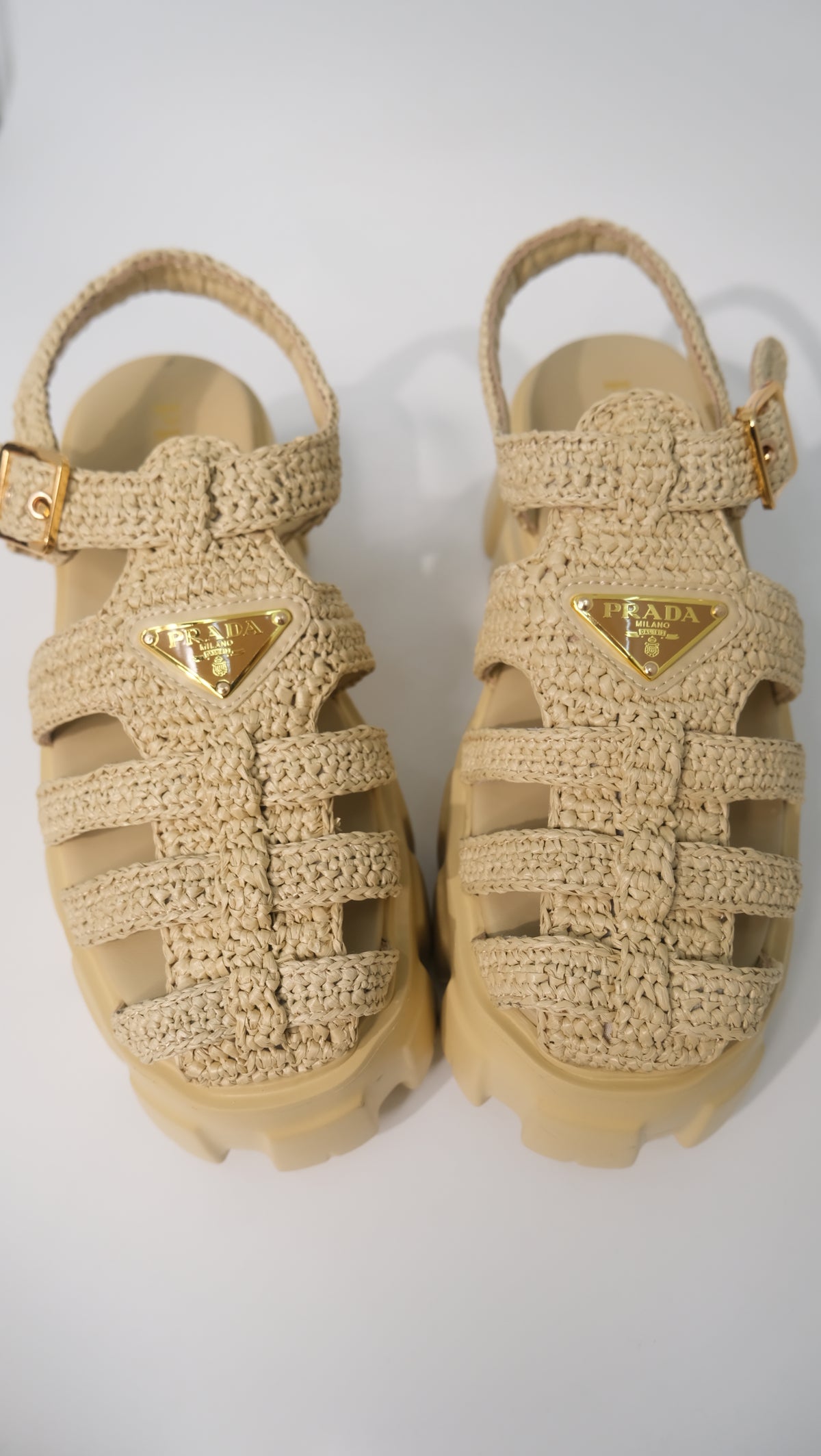 Prada Monolith Crochet Cage Sandals (Nude)