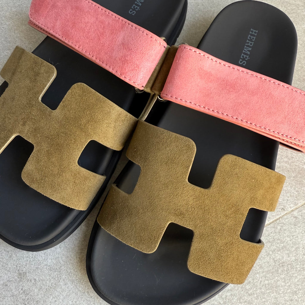 Hermes Chypre Sandals (Moss Green/Pink)