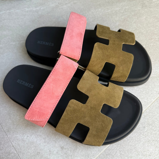 Hermes Chypre Sandals (Moss Green/Pink)