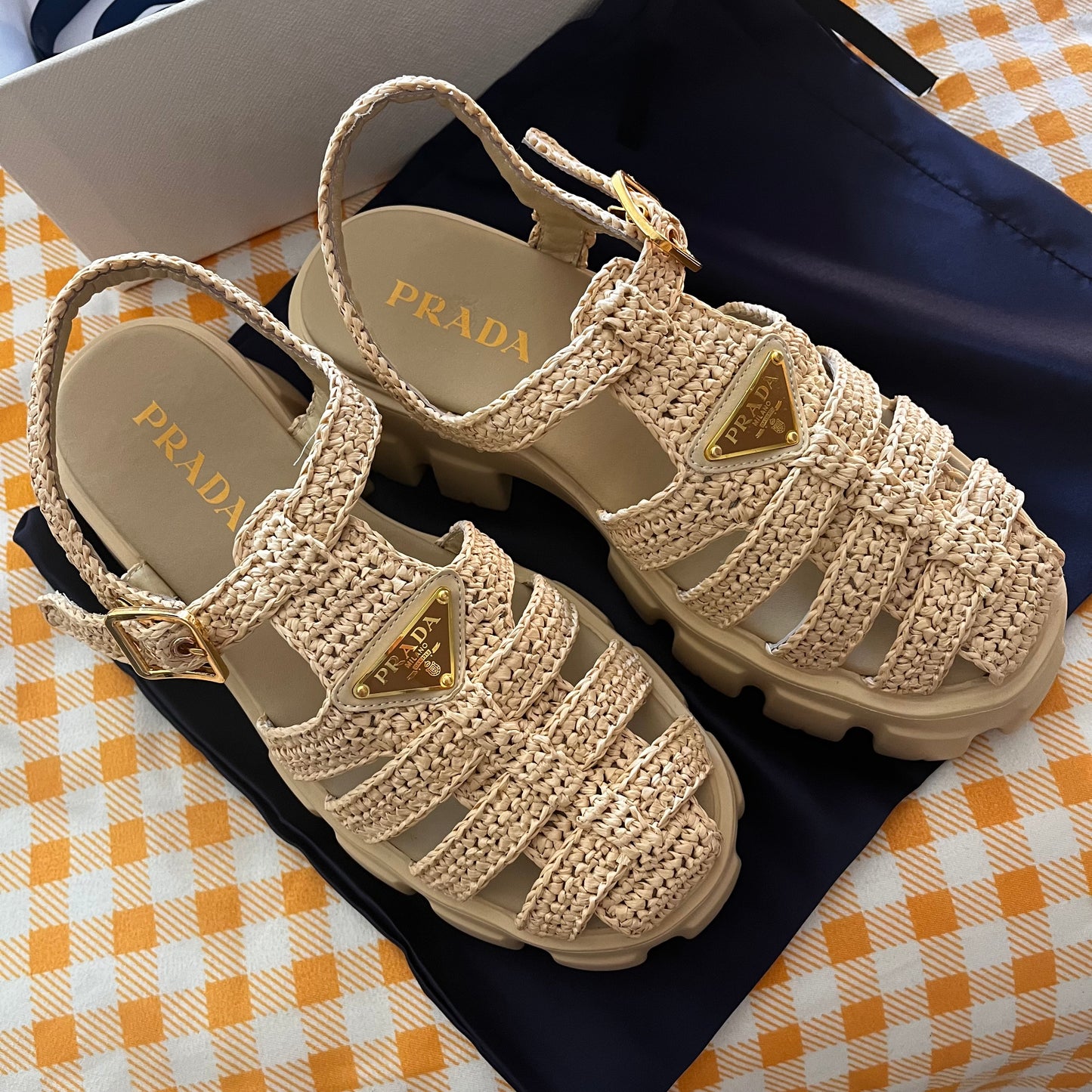 Prada Monolith Crochet Cage Sandals (Nude)